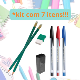 KIT HB 7 peças volta ás Aulas Material Escolar Caneta Lápis Apontador com depósito Borracha em Oferta na Shopee