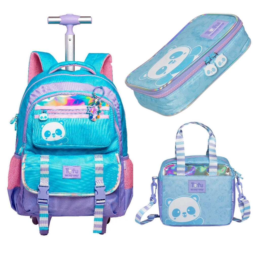 Kit Mochila Com Carrinho alça nas costas com Lancheira e Estojo Box Panda em Oferta na Shopee