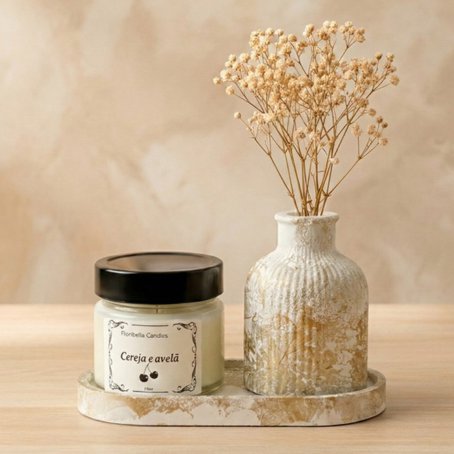 Kit Decoração Vela Aromática Cera de Coco 150g + Bandeja Oval + Vaso | Home Decor Minimalista e Sofisticado