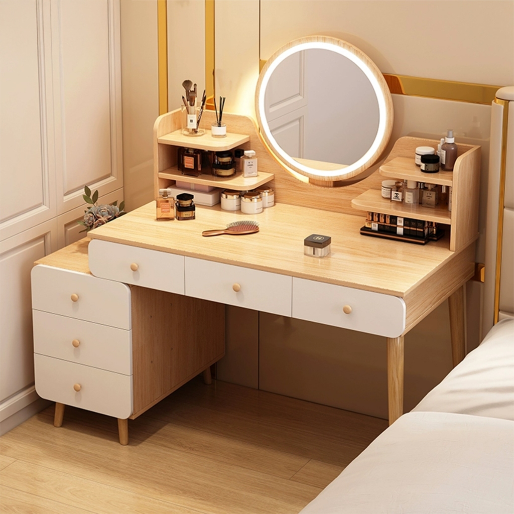 Novo estilo Penteadeira Elegante Com 6 Gavetas Espelho Redondo E Luz De Led Ajustável Toucador Armário Lateral Móvel em Oferta na Shopee