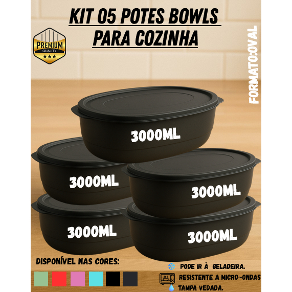 Kit 03 ou 05 Potes Ovais Herméticos Sólido/Transparente 3000ml BPA Free - Organizadores Grandes para Cozinha Mantimentos