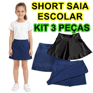 Kit 3 Short Saia Infantil Juvenil Escolar Dia a Dia Tamanho 04 ao 16 Tendência Preto e Azul Marinho em Oferta na Shopee