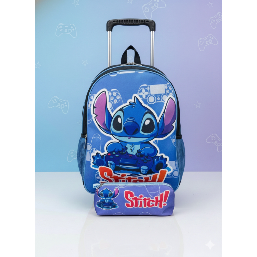 Mochila Infantil de Rodinha Masculina Escolar Feminina Menino com Estojo Brinde - Lilo&Stitch