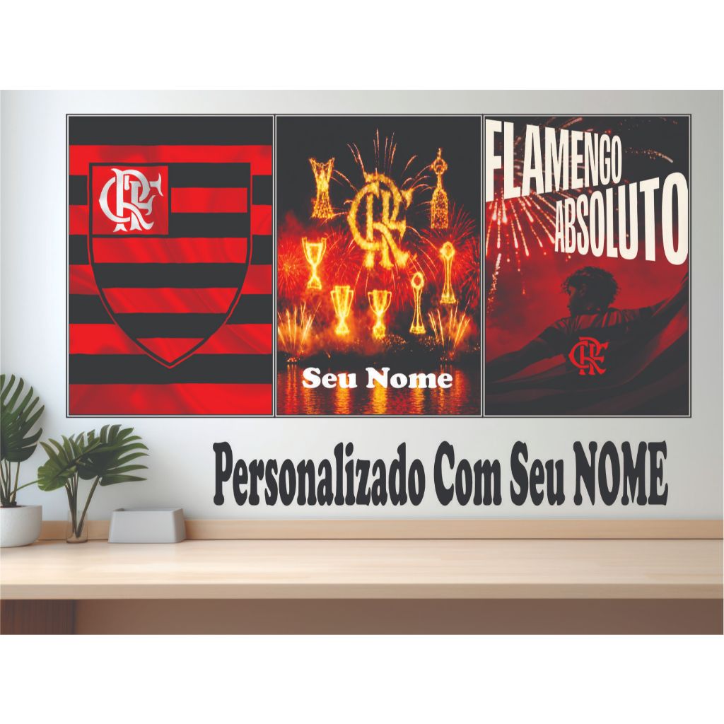 Kit 3 Quadros Decorativos Flamengo para Sala ou Quarto Decoração Rubro-Negra Moderna Mengo