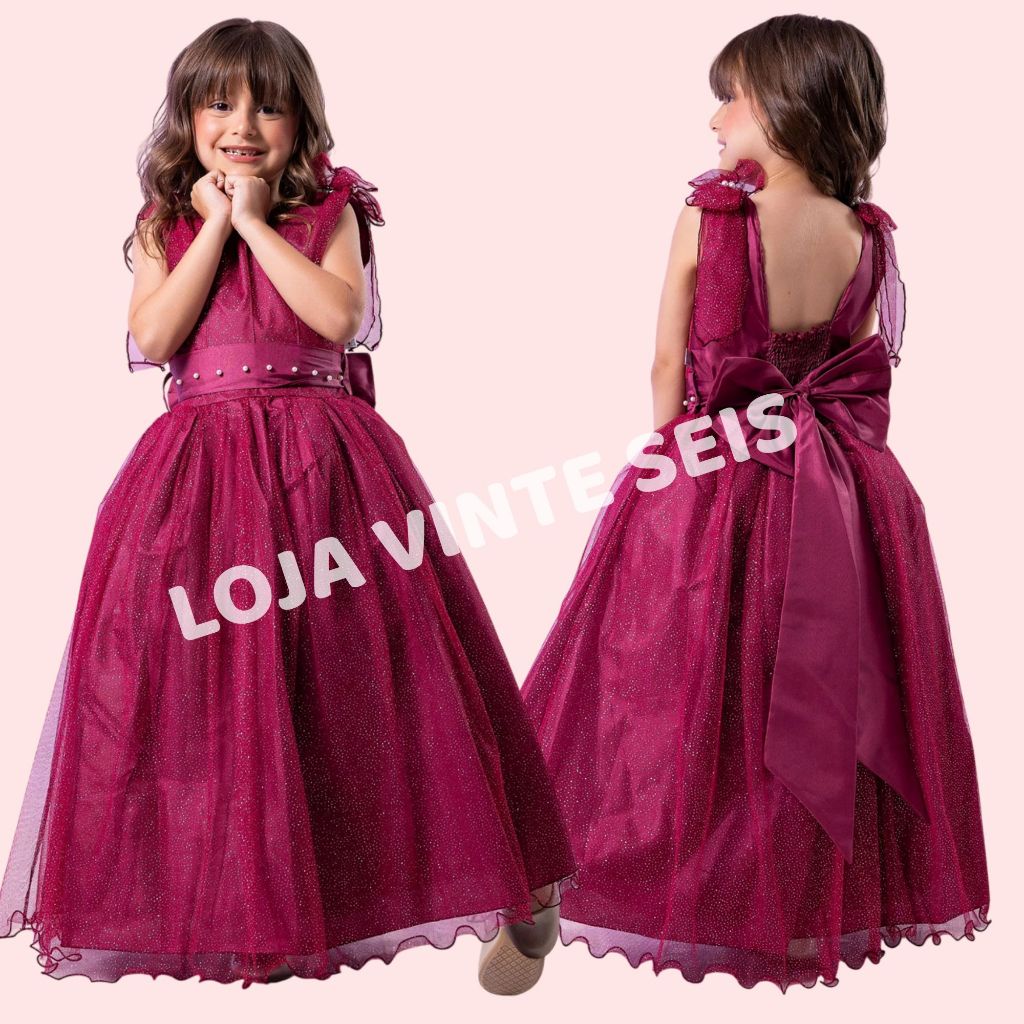 Vestido Marsala Longo Infantil Formatura Festa Aniversário Casamento Luxo 4 ao 14 anos