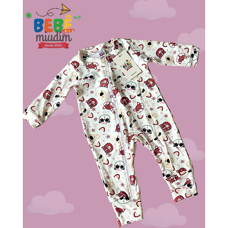 Macacão de Bebê Menina Vira Pé Com Zíper 100% Algodão -  RN P M -  Bichinhos Rosa em Oferta na Shopee