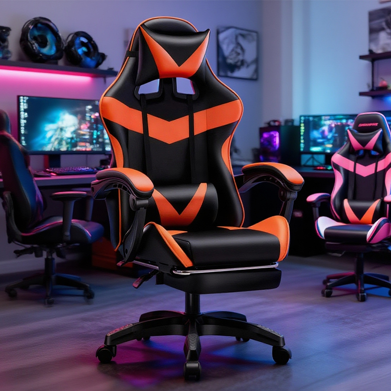 Cadeira de E-Sports: Reclina 180° Apoios Lumbar/Cabeça/Couro Cadeira Gamer Premium Escritório-F19