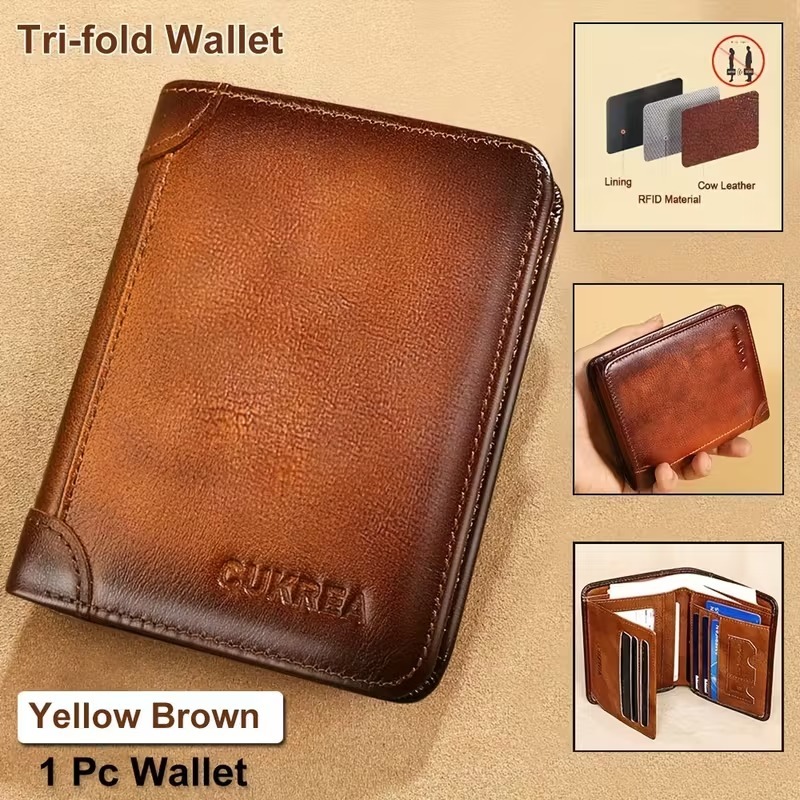 Carteira Masculina - Couro Legítimo / Dupla Camada / Antifurto / Porta RG / Estilo retrô / Presente Dia dos Pais -BT
