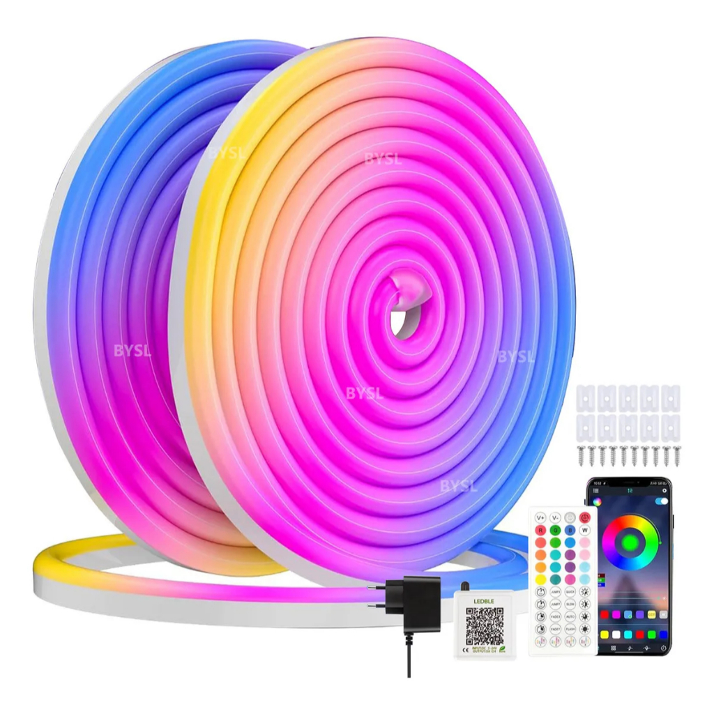 Fita Led Neon 20m Rgb Bluethooth Prova D'água Controle Fonte Fita De Led Inteligente Para Quarto