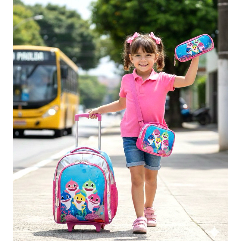 Mochila Baby shark Rodinhas Rosa Lancheira Estojo