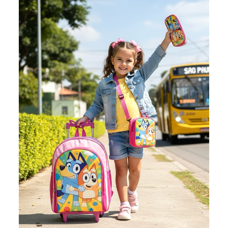 Mochila Bluey Bingo Rodinhas Rosa Lancheira Estojo kit Escolar