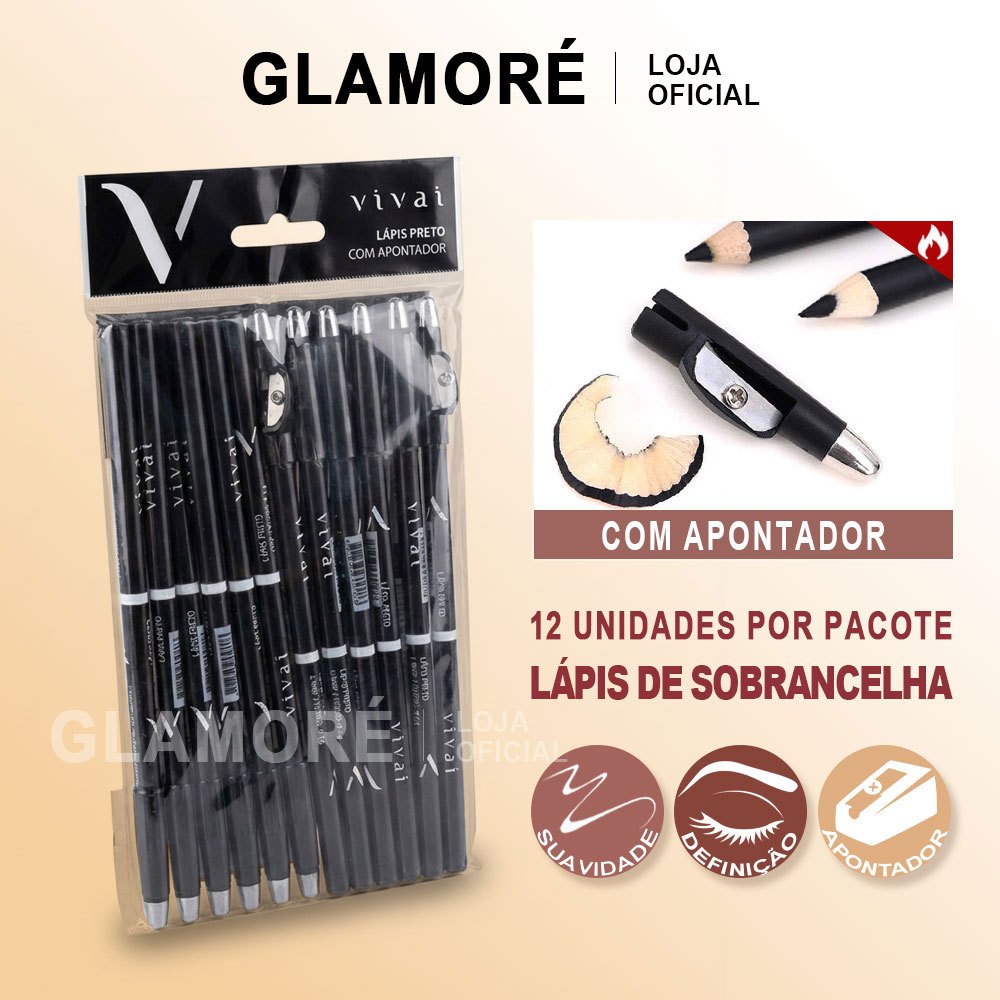 Kit 12 Lápis de Sobrancelha Vivai Preto | Com Apontador | Traço Preciso em Oferta na Shopee