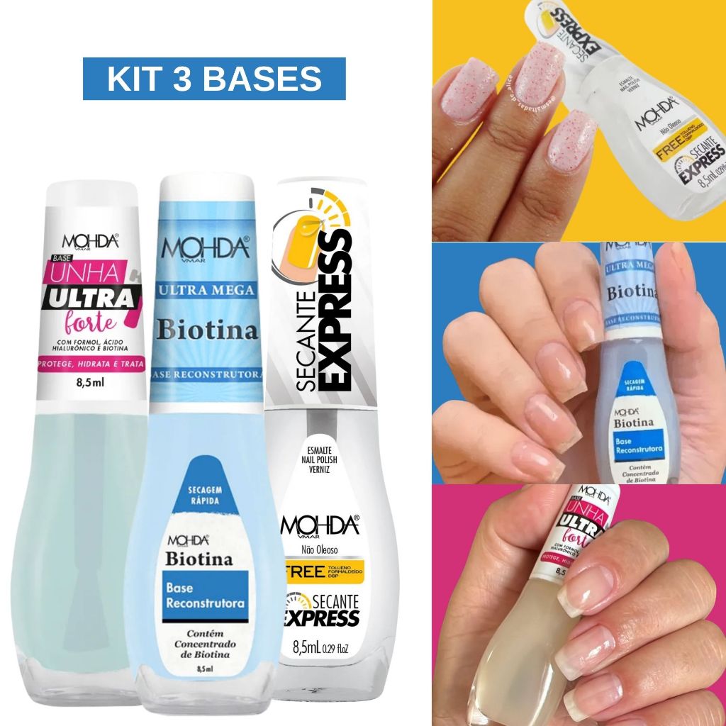 Kit 3 Bases Mohda Biotina, Unha Ultra Forte e Secante Express Esmaltes Atacado