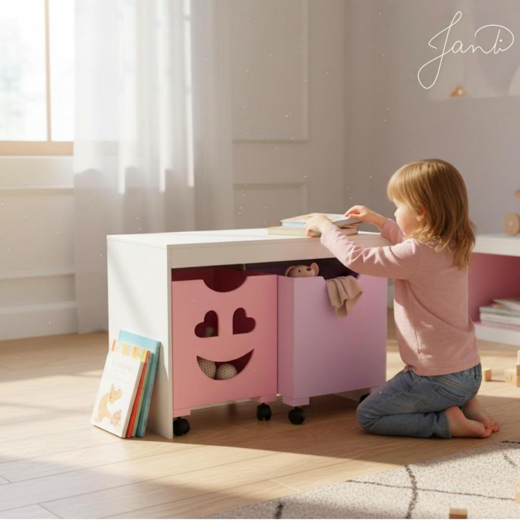 Organizador Emoji de Brinquedos Bancada Infantil 2 Gavetas Com Rodinhas em MDF.