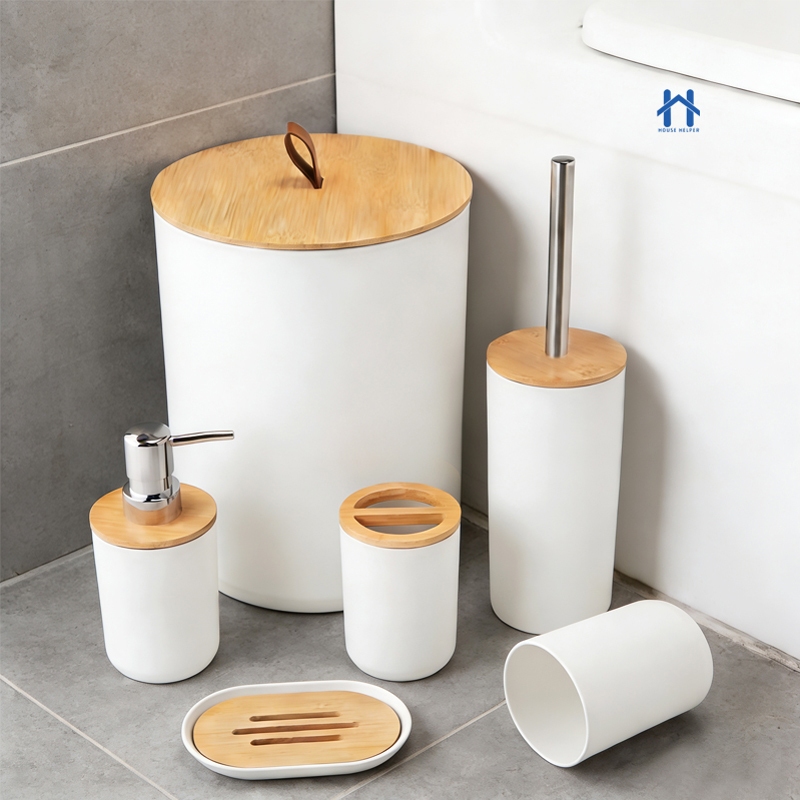 Kit Para Banheiro ou Lavabo Luxoso 4 ou 6 Peças Preto ou Branco Com Bambu Moderno Elegante
