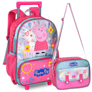 Kit Mochila de Rodinhas Peppa Pig + Lancheira Térmica Escolar Original Rosa Clio