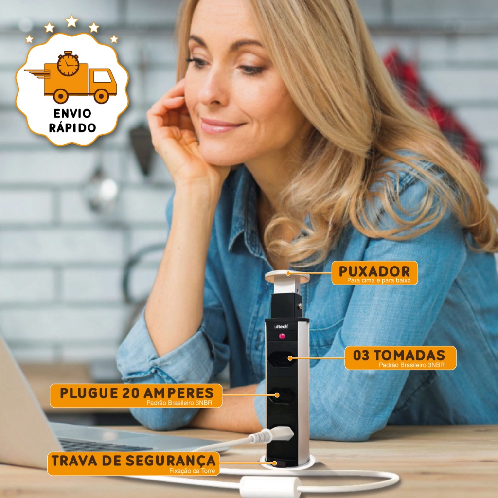 Torre De 03 Tomadas 20 amperes Multiplug Retrátil Embutir Mesa Bancada Cozinha Totem Sobrepor Plug 20A Bivolt cabo 2,5 m