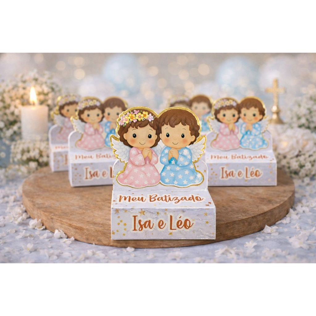 Lembrancinha de Batizado PEGUE E MONTE - para Irmãos - Personalizados – Menino e Menina – Porta Bis Duplo 3D