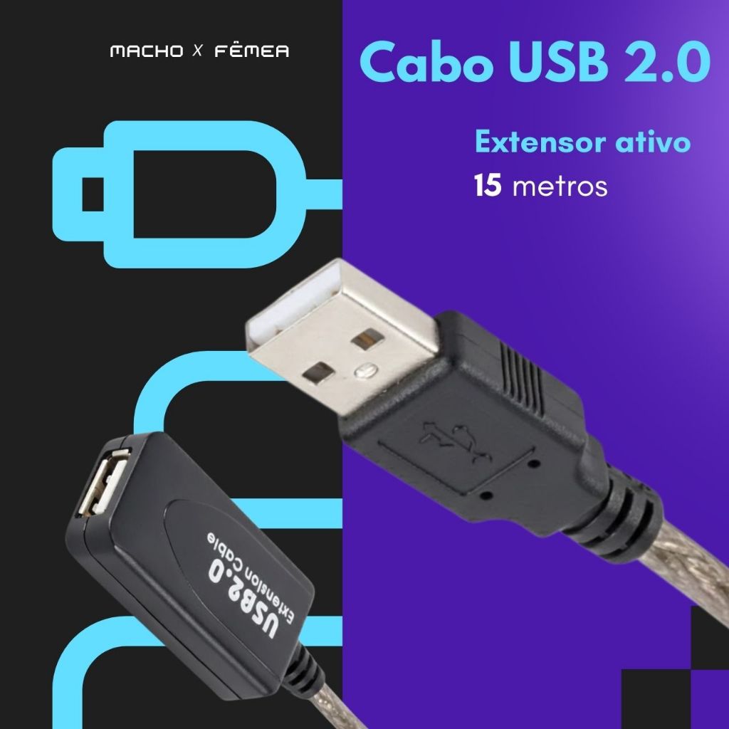 Cabo USB 2.0 Extensor Ativo 15 Metros | Macho x Fêmea | Com Repetidor de Sinal | Cinza