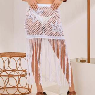 Saia Feminina Tricot Saída de Praia Franja Furadinha Curta Verão Crochê Moda Biquini Beachwear em Oferta na Shopee