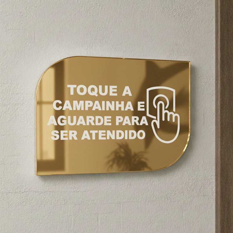 Placa Toque a Campainha Acrílico Espelhado Fachada Portaria Recepção Escritório Porta Dourado em Oferta na Shopee
