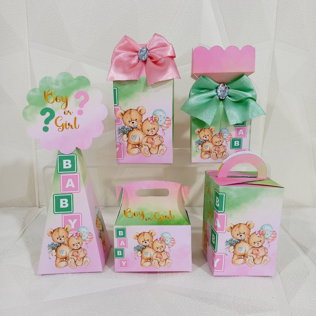 Kit Caixas  Chá Revelação Ursinhos Verde e Rosa Lembrancinhas Desmontadas | Papelaria Personalizada para Festa Infantil