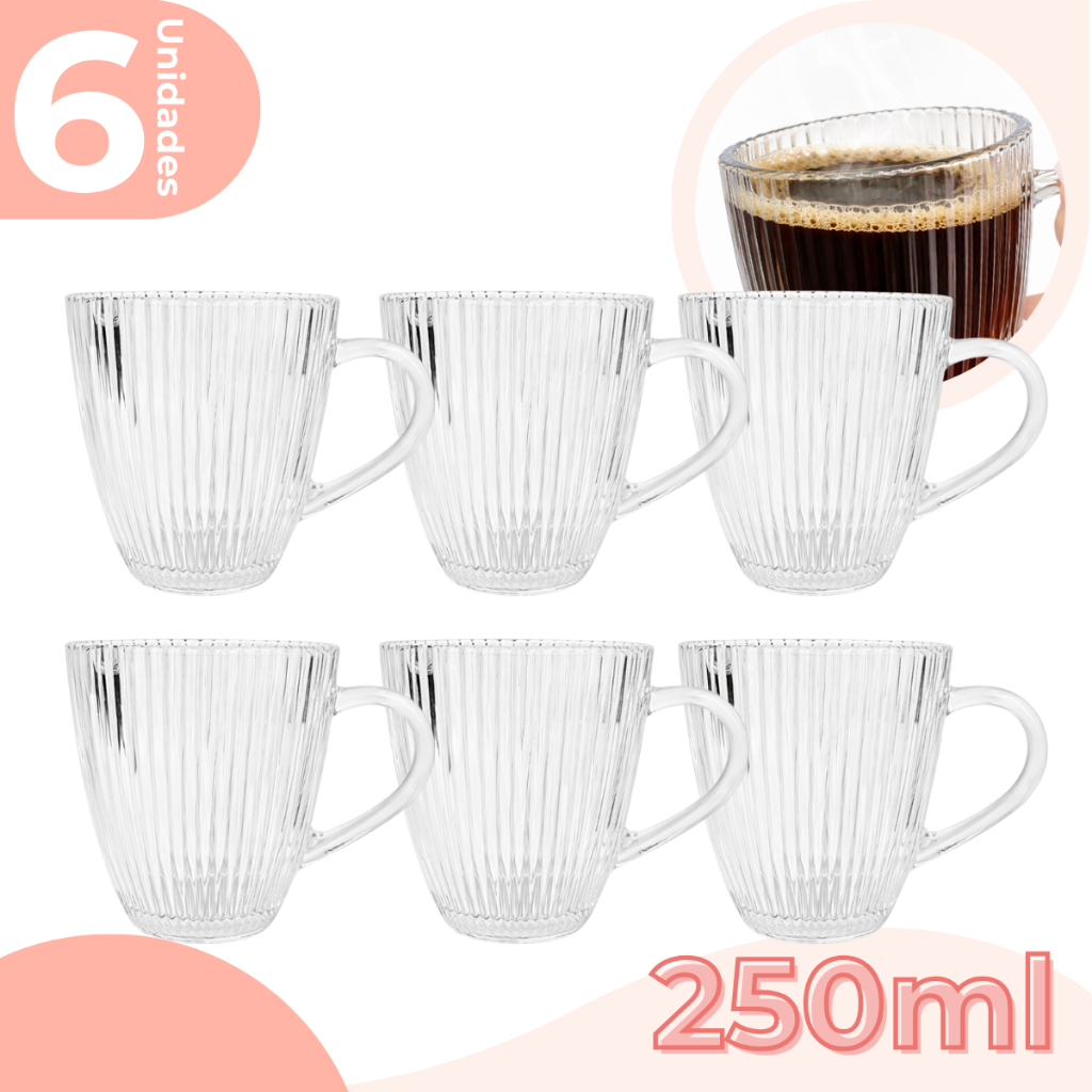 Kit 6 Canecas Café Chá Canelado Sleek 250ml Em Vidro em Oferta na Shopee