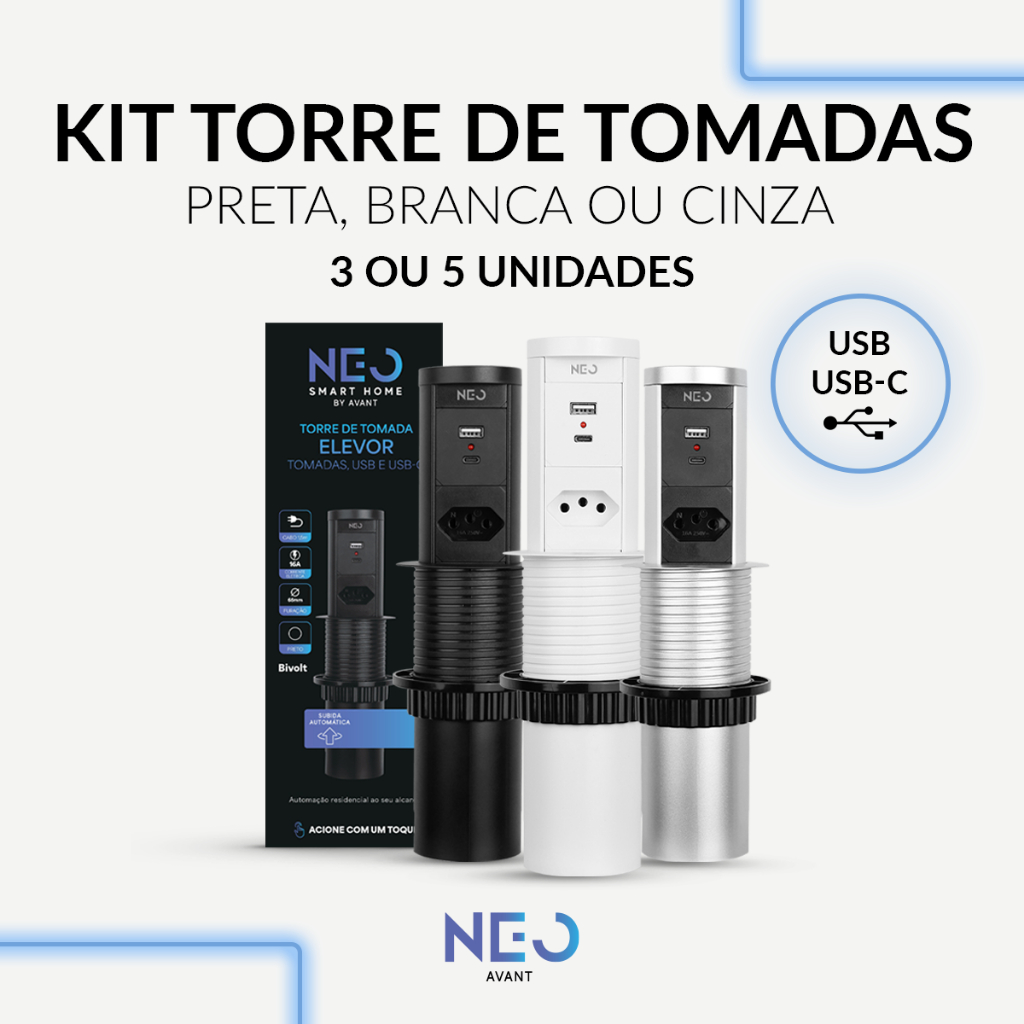 Kit 3 ou 5 Torre de 1 Tomada + USB + Tipo C Embutir Retrátil Elevor Para Bancada Neo Avant