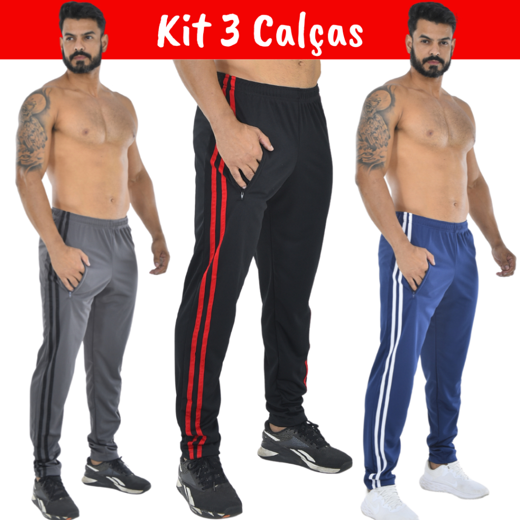 Kit 3 Calça Masculina Uniforme atividade física academia e corrida com cordão e bolso com zíper