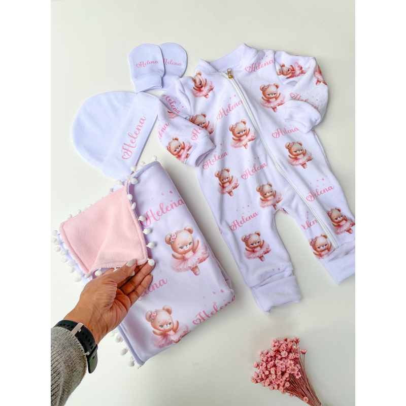 Saida maternidade personalizada com nome  Kit RN com manta e macacão Varias estampas em Oferta na Shopee