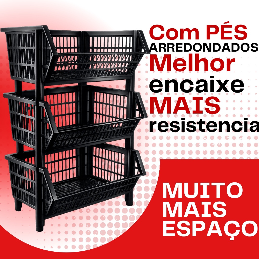 Kit 10 peças Cesto Empilhavel Expositor Organizador Preto Reforçado para casa lojas