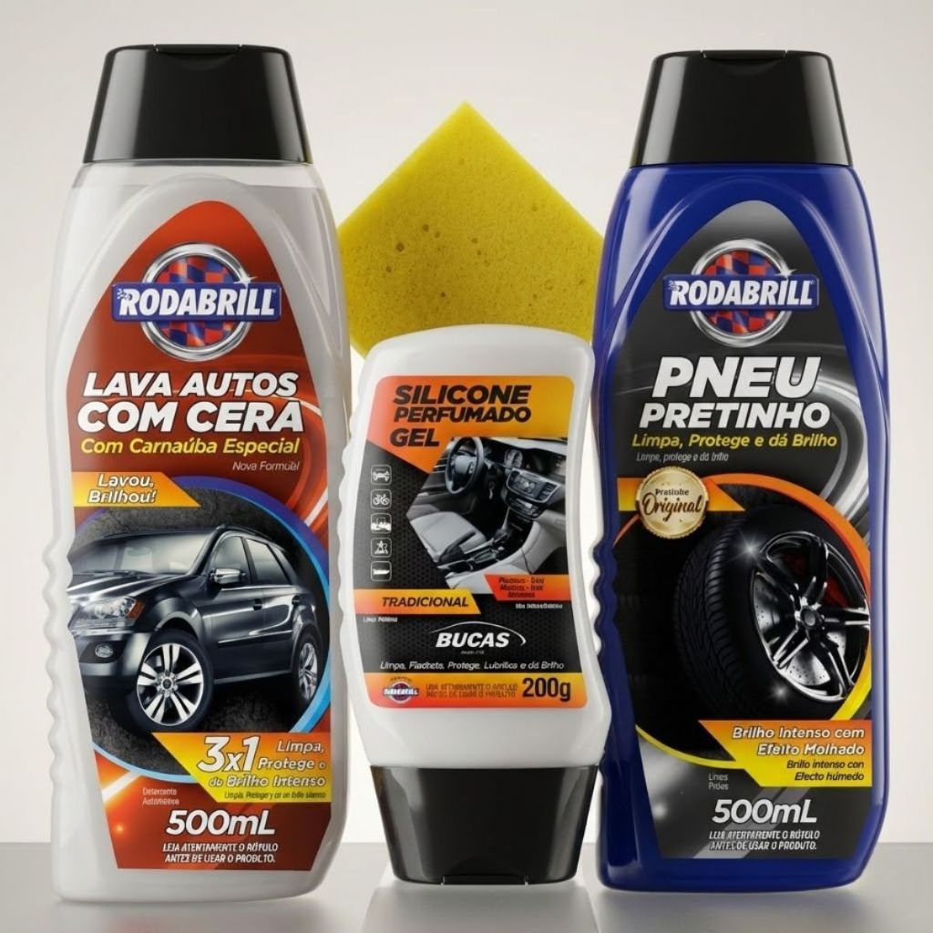 Kit Para Lavar Carro em Casa Com Shampoo Com Cera de Carnauba + Pneu Pretinho + Silicone em Gel Para Plasticos em Oferta na Shopee