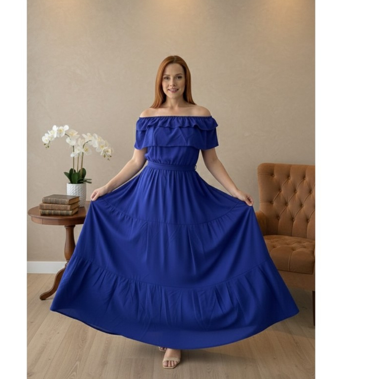 VESTIDO LONGO CIGANINHA COM SAIA TRES MARIAS E BABADO OMBRO A OMBRO