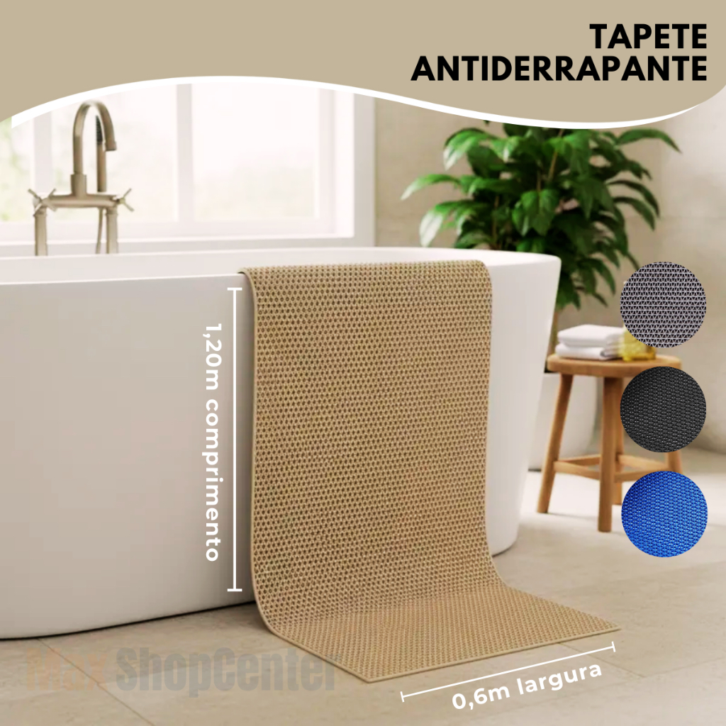 Tapete Antiderrapante PVC 1,20x0,60 Segurança p/Banheiro Box Piscina Vestiário Bege Cinza Preto Azul