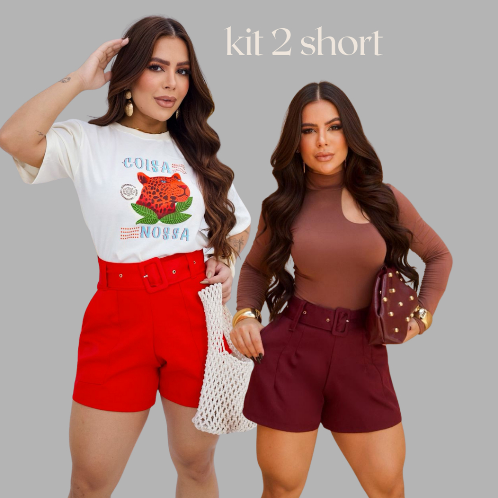 Kit 2 short alfaiataria cinto elegante moda feminina look sofisticado verão tendência estilo moderno