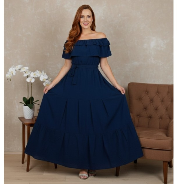 VESTIDO LONGO FEMININO COM SAIA TRES MARIAS E OMBRO A OMBRO CIGANINHA