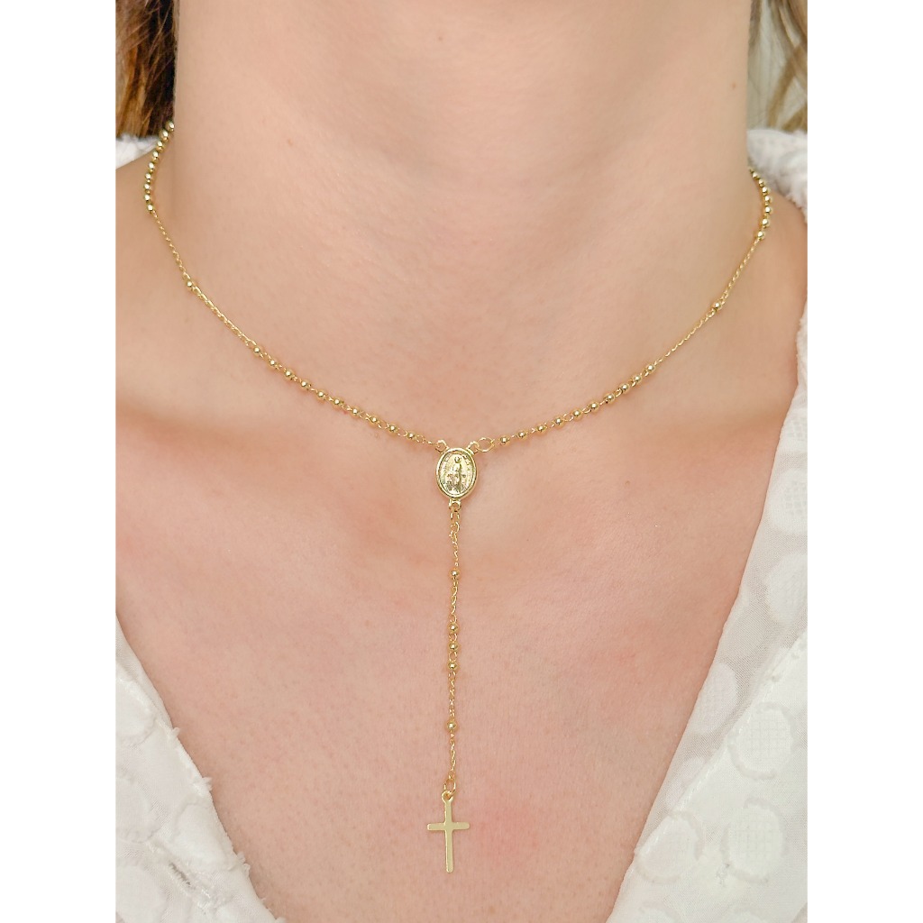 Colar Terço Nossa Senhora Feminino com Cruz Folheado Banho Ouro ou Prata