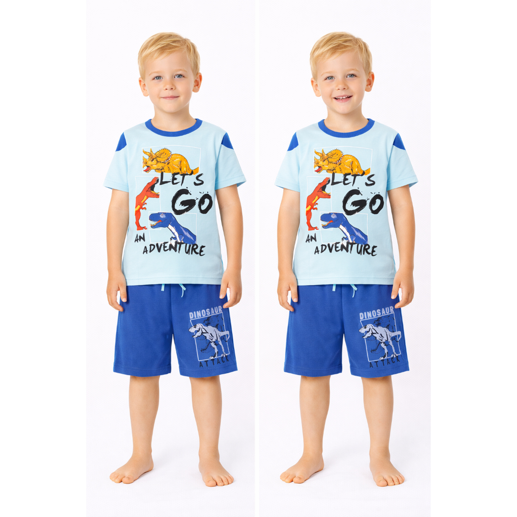 Conjunto Infantil Menino Camiseta Estampada Dinossauro e Shorts Azul