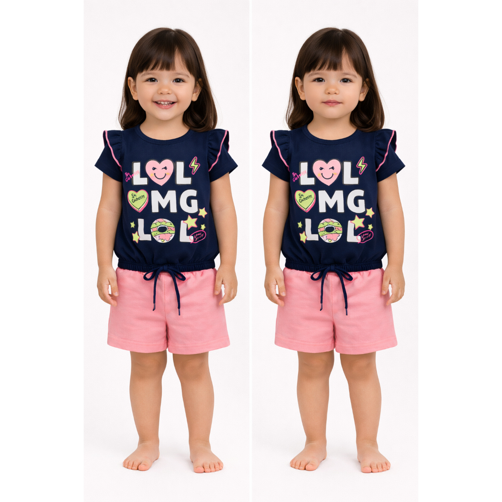 Conjunto Infantil Feminino LOL OMG – Blusa Estampada com Babado e Short Rosa- Confortável, leve e sofisticado