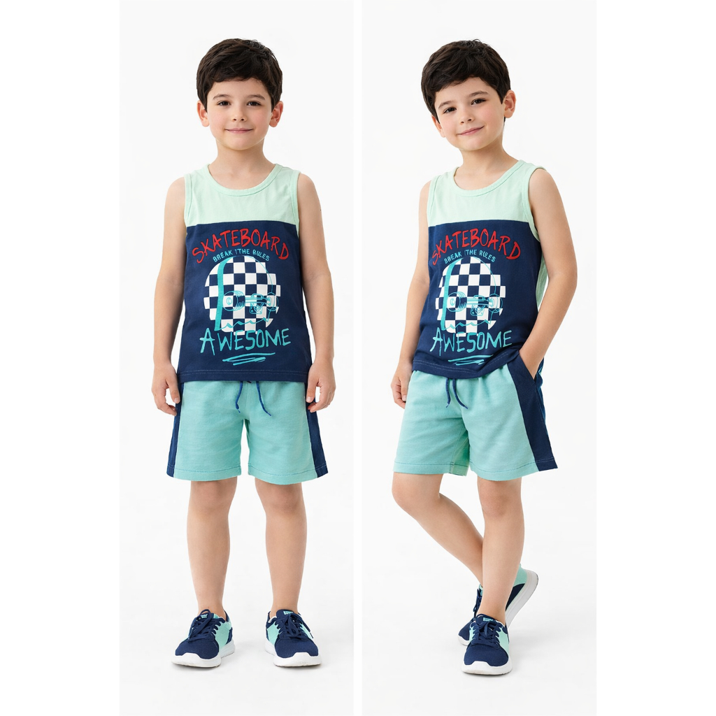 Conjunto Infantil Masculino Regata e Short Estampa Skateboard –Leve, Confortável , Descolado e Estiloso
