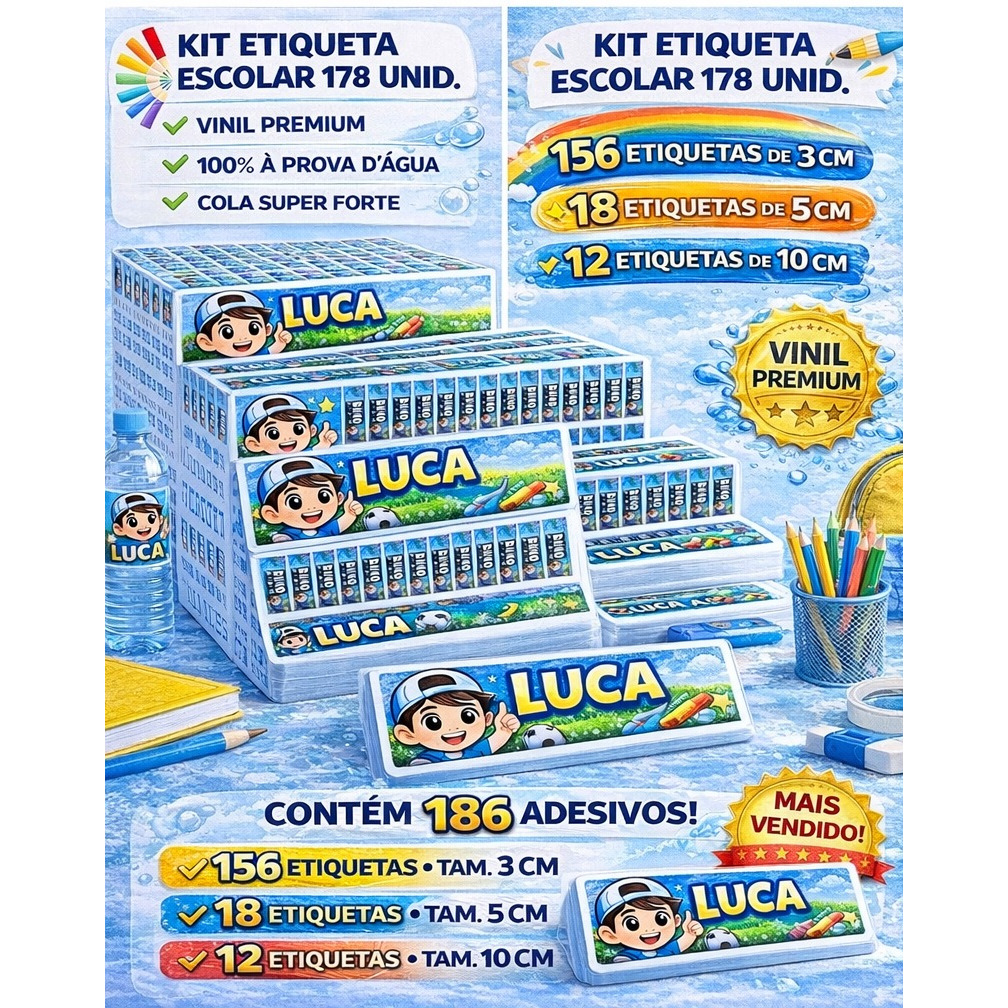 SUPER KIT Etiqueta Escolar Personalizada | Vinil à Prova d’Água – 186 unid. | 100+ Temas Exclusivos