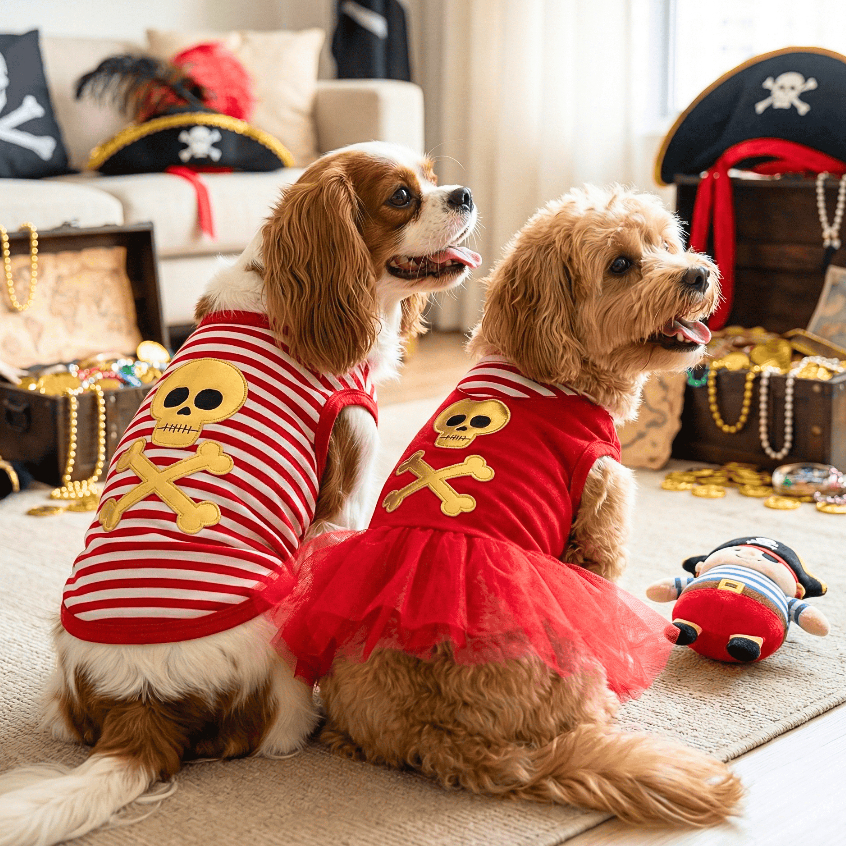 Fantasia Pet Pirata para Cachorro e Gato | Vestido Pet ou Regata com Tule | Caveira Dourada Listrado