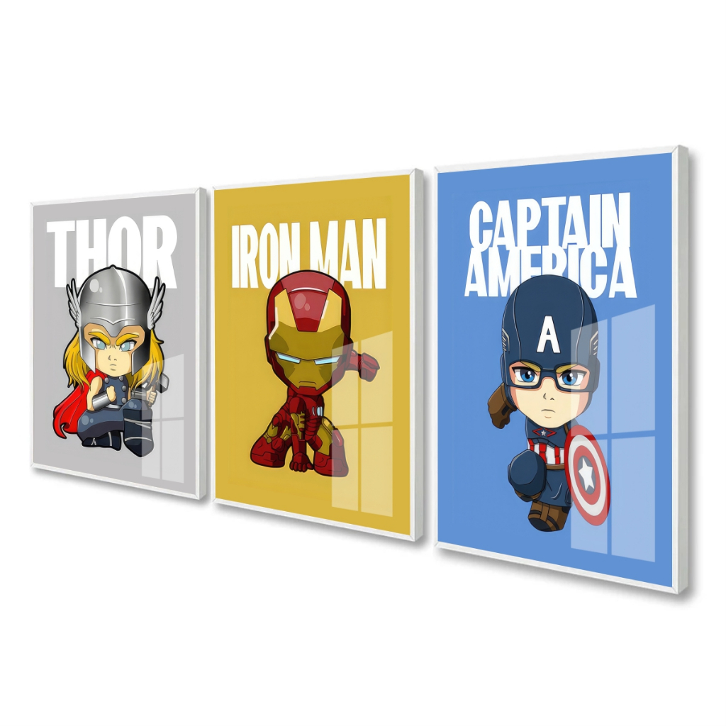 Quadro Moldura Vidro Kit Três Peças Heróis Thor Homem Ferro Capitão América Decoração Quarto Kids
