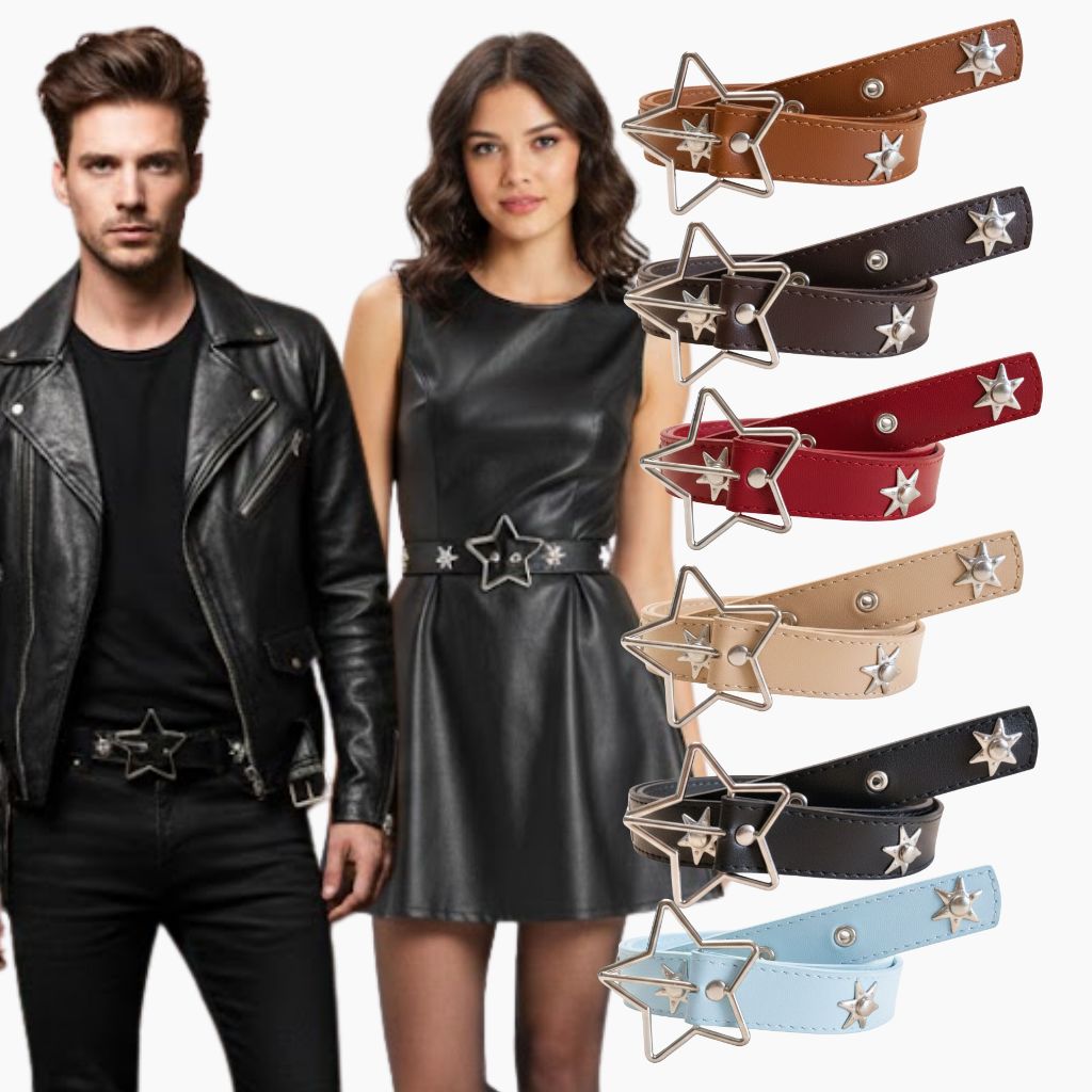 Cinto Unissex Couro Sintético Moda Punk Rock Pop Star Festival Show Fivela Estrela Prata 3cm - Leo