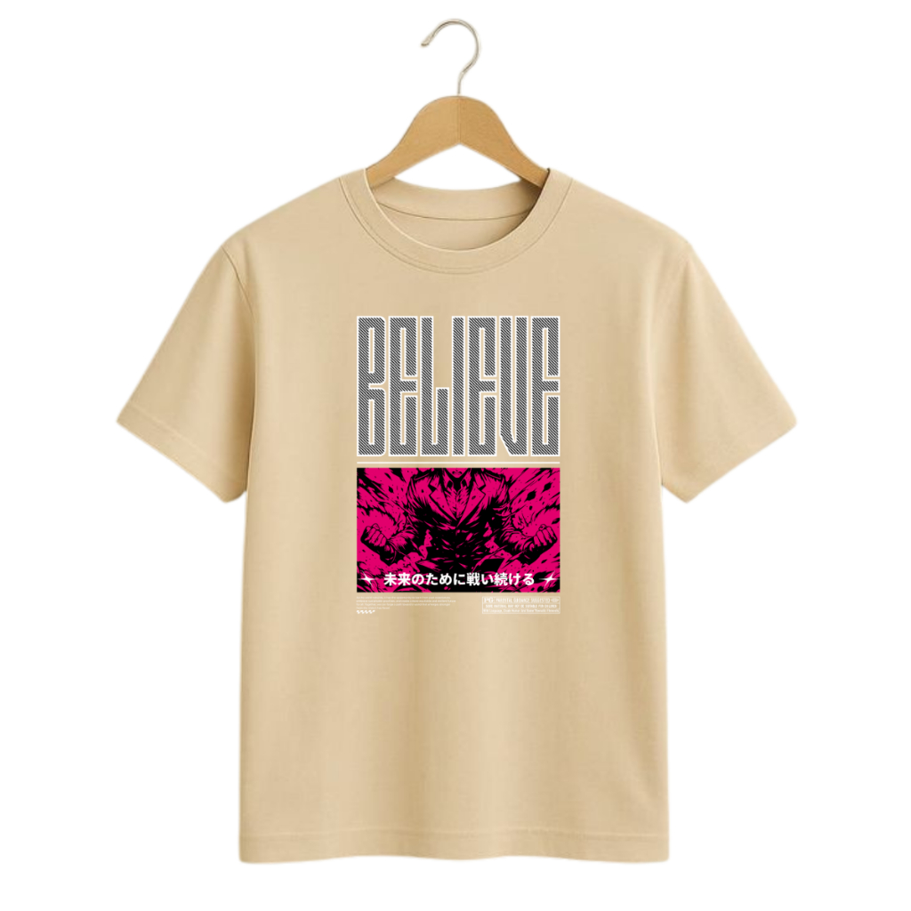 Camisa Masculina Confortável Estilosa Estampado BELIEVE Camiseta Casual Gola Redonda