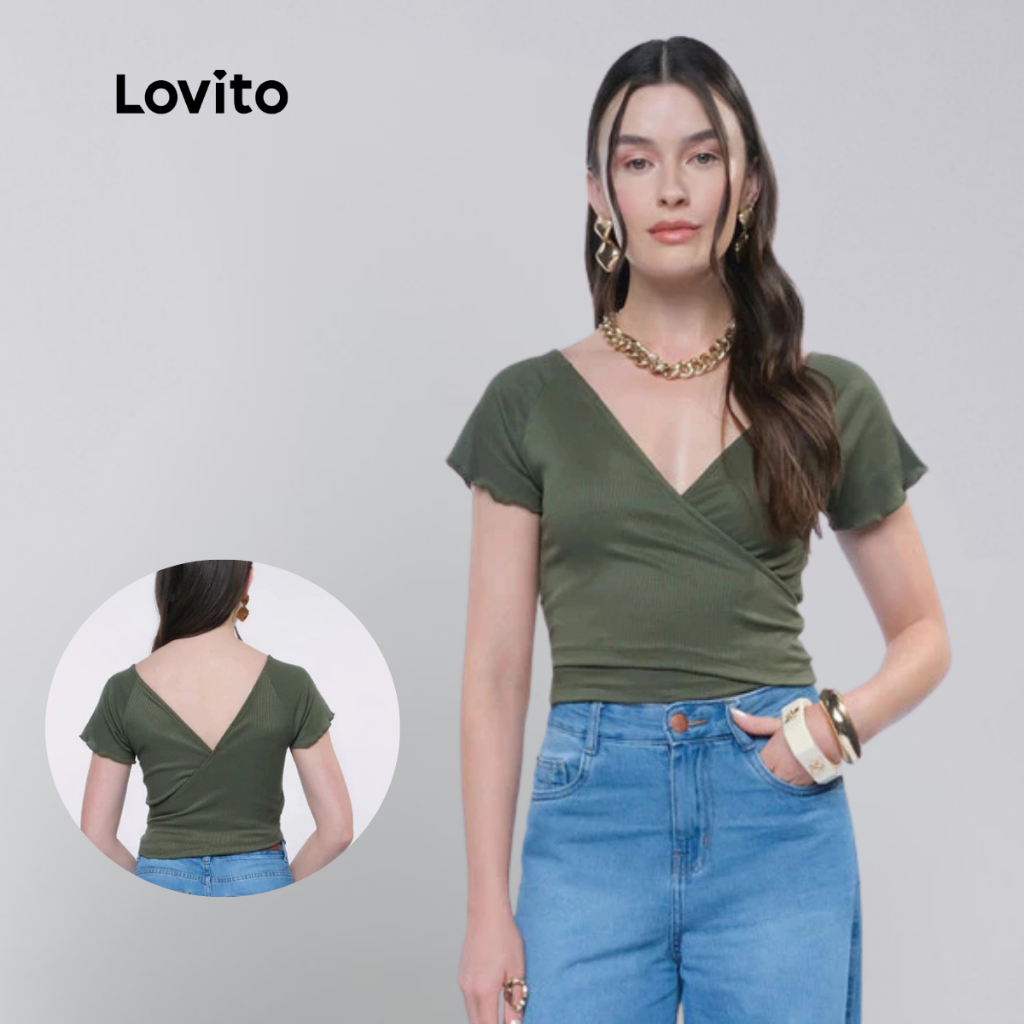 Lovito Blusa casual feminina transpassada LB1025BRL1055 em Oferta na Shopee