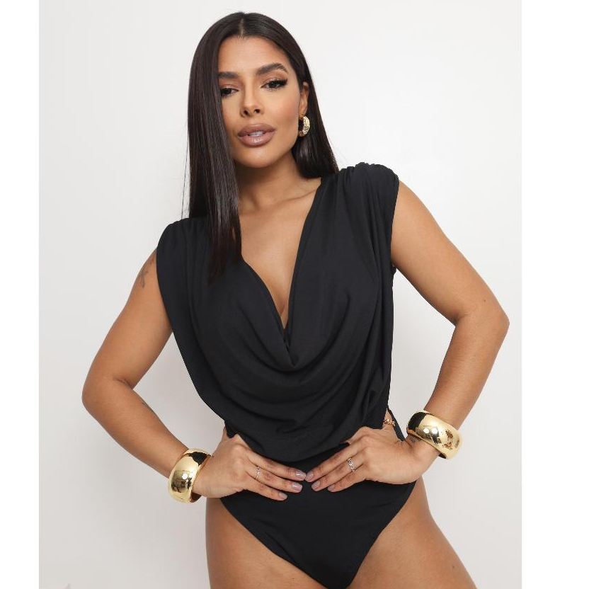 Body Feminino Social Elegante Decote Moderno Bory Drapeado Tendência Verão Formal e Casual Gola Boba