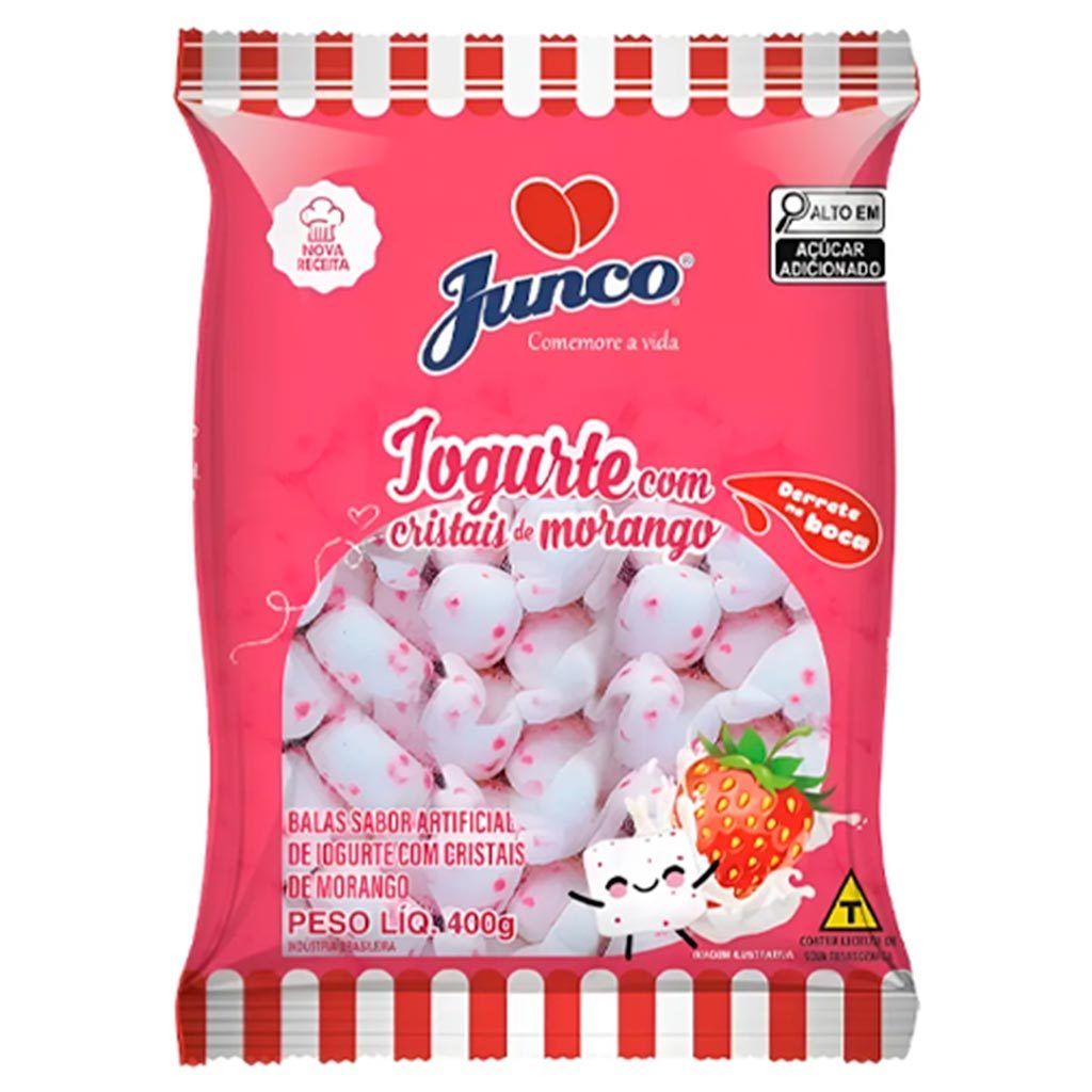 Bala de Coco Iogurte com Cristais de Morango 400g - Junco em Oferta na Shopee