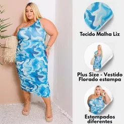Vestido Alça, Estampado, Midi em Tecido Malha, Liz Com Elastico Laterais eTamanho Único do 48 a 54