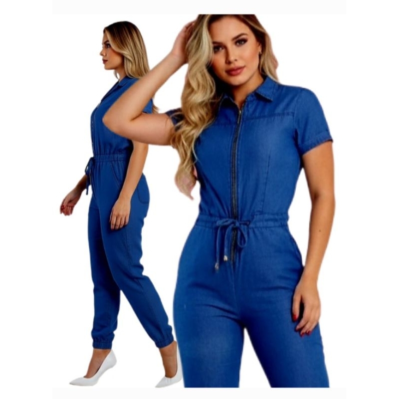 Macacão Jeans Feminino Longo Com Laycra Manga Curta Modelador 44/46 Promoção